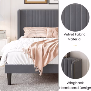 SHA CERLIN Queen Size Velvet Bed Frame, Tufted Wingback Headboard, Grey 47'' Modern Vertical Channel Headboard, Upholstered Platform Bed, Wood Slats, No Box Spring Needed, Easy Assembly, Noise Free - Image 8