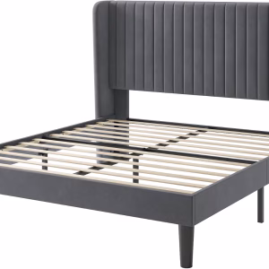 SHA CERLIN Queen Size Velvet Bed Frame, Tufted Wingback Headboard, Grey 47'' Modern Vertical Channel Headboard, Upholstered Platform Bed, Wood Slats, No Box Spring Needed, Easy Assembly, Noise Free - Image 9