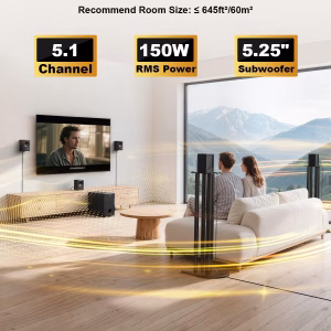 Bobtot Home Theater Systems with 5.25 inch Subwoofer, 600 Watts Peak 5.1 Wired Satellite Surround Sound Speakers, Deep Bass Audio Stereo System with FM Radio Bluetooth AUX DVD USB SD Input - Image 5