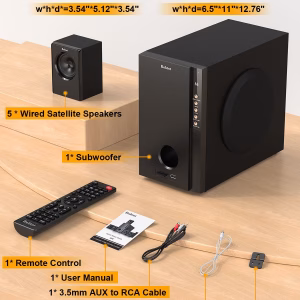 Bobtot Home Theater Systems with 5.25 inch Subwoofer, 600 Watts Peak 5.1 Wired Satellite Surround Sound Speakers, Deep Bass Audio Stereo System with FM Radio Bluetooth AUX DVD USB SD Input - Image 4