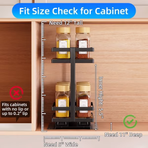 Pull Out Spice Rack 2Pcs Metal & Wood Seasoning Organizer Black No-Drill Install | Full-Extension Silent Glide | Each Tier Holds 10–12 Standard Spice Bottles | Rustproof, Wipe-Clean Surface - Image 2