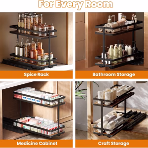 Pull Out Spice Rack 2Pcs Metal & Wood Seasoning Organizer Black No-Drill Install | Full-Extension Silent Glide | Each Tier Holds 10–12 Standard Spice Bottles | Rustproof, Wipe-Clean Surface - Image 3