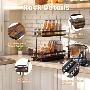 Pull Out Spice Rack 2Pcs Metal & Wood Seasoning Organizer Black No-Drill Install | Full-Extension Silent Glide | Each Tier Holds 10–12 Standard Spice Bottles | Rustproof, Wipe-Clean Surface - Image 4
