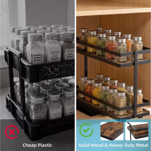 Pull Out Spice Rack 2Pcs Metal & Wood Seasoning Organizer Black No-Drill Install | Full-Extension Silent Glide | Each Tier Holds 10–12 Standard Spice Bottles | Rustproof, Wipe-Clean Surface - Image 5