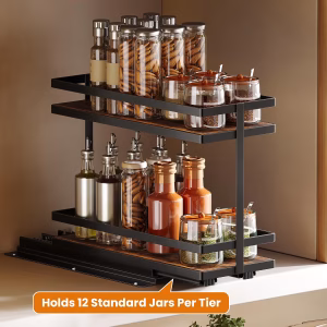 Pull Out Spice Rack 2Pcs Metal & Wood Seasoning Organizer Black No-Drill Install | Full-Extension Silent Glide | Each Tier Holds 10–12 Standard Spice Bottles | Rustproof, Wipe-Clean Surface - Image 8