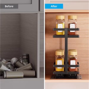 Pull Out Spice Rack 2Pcs Metal & Wood Seasoning Organizer Black No-Drill Install | Full-Extension Silent Glide | Each Tier Holds 10–12 Standard Spice Bottles | Rustproof, Wipe-Clean Surface - Image 9