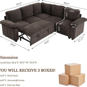 Modern L-Shape Sleeper Sofa with Pull-Out Bed and Storage Seat Comfortable Fabric Sectional Corner Couch with Padded Armrests for Home Office, Guest Room - Image 2
