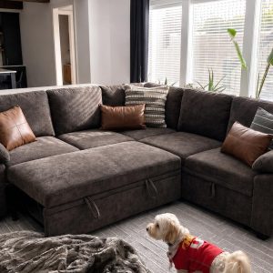 Modern L-Shape Sleeper Sofa with Pull-Out Bed and Storage Seat Comfortable Fabric Sectional Corner Couch with Padded Armrests for Home Office, Guest Room - Image 3