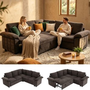 Modern L-Shape Sleeper Sofa with Pull-Out Bed and Storage Seat Comfortable Fabric Sectional Corner Couch with Padded Armrests for Home Office, Guest Room - Image 4