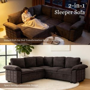 Modern L-Shape Sleeper Sofa with Pull-Out Bed and Storage Seat Comfortable Fabric Sectional Corner Couch with Padded Armrests for Home Office, Guest Room - Image 5