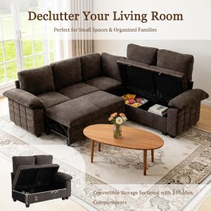 Modern L-Shape Sleeper Sofa with Pull-Out Bed and Storage Seat Comfortable Fabric Sectional Corner Couch with Padded Armrests for Home Office, Guest Room - Image 6
