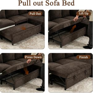 Modern L-Shape Sleeper Sofa with Pull-Out Bed and Storage Seat Comfortable Fabric Sectional Corner Couch with Padded Armrests for Home Office, Guest Room - Image 7