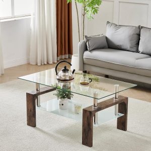 Living Room Rectangle Coffee Table, Tea Table Suitable for Waiting Room, Modern Side Coffee Table with Wooden Leg, Glass Tabletop with Lower Shelf.(brown) - Image 1