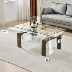 Living Room Rectangle Coffee Table, Tea Table Suitable for Waiting Room, Modern Side Coffee Table with Wooden Leg, Glass Tabletop with Lower Shelf.(brown) - Image 2