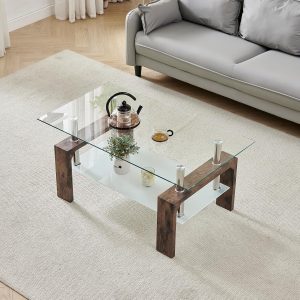 Living Room Rectangle Coffee Table, Tea Table Suitable for Waiting Room, Modern Side Coffee Table with Wooden Leg, Glass Tabletop with Lower Shelf.(brown) - Image 3