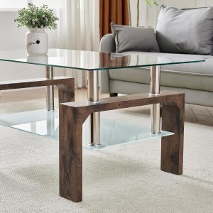 Living Room Rectangle Coffee Table, Tea Table Suitable for Waiting Room, Modern Side Coffee Table with Wooden Leg, Glass Tabletop with Lower Shelf.(brown) - Image 4