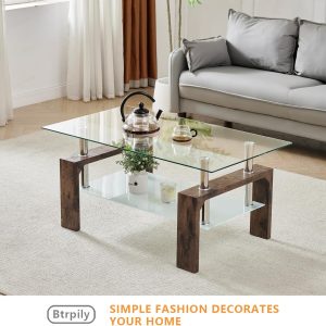 Living Room Rectangle Coffee Table, Tea Table Suitable for Waiting Room, Modern Side Coffee Table with Wooden Leg, Glass Tabletop with Lower Shelf.(brown) - Image 6