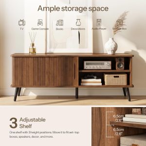 HOOBRO Mid Century Modern TV Stand, TV Console for 65 Inch TV with Storage Entertainment Center with Fluted Sliding Doors, Fluted TV Stand, Adjustable Shelf, Media Console Table for Living Room - Image 5