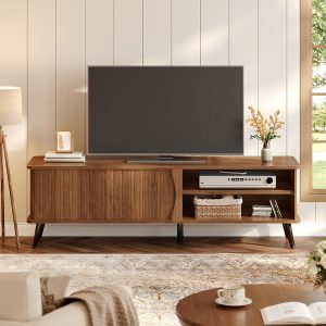 HOOBRO Mid Century Modern TV Stand, TV Console for 65 Inch TV with Storage Entertainment Center with Fluted Sliding Doors, Fluted TV Stand, Adjustable Shelf, Media Console Table for Living Room - Image 4