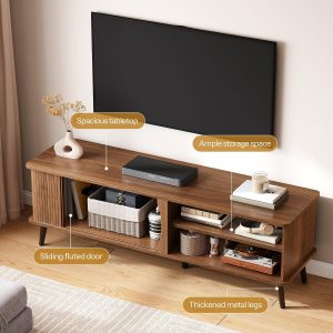 HOOBRO Mid Century Modern TV Stand, TV Console for 65 Inch TV with Storage Entertainment Center with Fluted Sliding Doors, Fluted TV Stand, Adjustable Shelf, Media Console Table for Living Room - Image 3