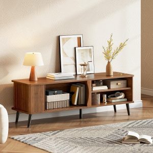 HOOBRO Mid Century Modern TV Stand, TV Console for 65 Inch TV with Storage Entertainment Center with Fluted Sliding Doors, Fluted TV Stand, Adjustable Shelf, Media Console Table for Living Room - Image 2