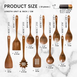Wooden Spoons for Cooking, 10-Piece Acacia Wood Cooking Utensil Set Spoons and spatulas stir, mix, flip and serve; balanced handles offer control while staying gentle on nonstick cookware. - Image 2