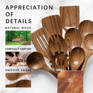 Wooden Spoons for Cooking, 10-Piece Acacia Wood Cooking Utensil Set Spoons and spatulas stir, mix, flip and serve; balanced handles offer control while staying gentle on nonstick cookware. - Image 3