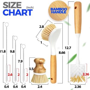 Holikme 6 Pack Dish Brush with Bottle Brush Scrub Brush Straw,Yellow Dish Brush, Palm Scrub Brush and Straw Brush, Dish Scrubber Long Handle for Dish Bottle Cup Skillet Wok Pot Pan Cast Iron - Image 3