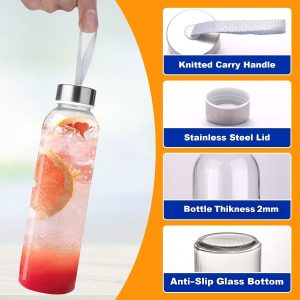 3 Packs Glass Water Bottles with Lid, Clear, 17oz Reusable Juice Bottle with Stainless Steel Cap, Glass Cup Liquid Storage Containers for Juicing Beverage Refrigerator Travel - Image 3