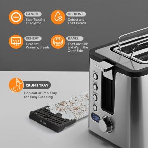 Mecity Toaster 2 Slice Stainless Steel Body, Timer, Bagel, Defrost, Reheat, Cancel Functions, Warming Rack, Removable Tray, 6 Browning Settings, Extra Wide Slots, Bread Toaster 800W - Image 3