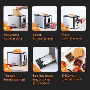 Mecity Toaster 2 Slice Stainless Steel Body, Timer, Bagel, Defrost, Reheat, Cancel Functions, Warming Rack, Removable Tray, 6 Browning Settings, Extra Wide Slots, Bread Toaster 800W - Image 5