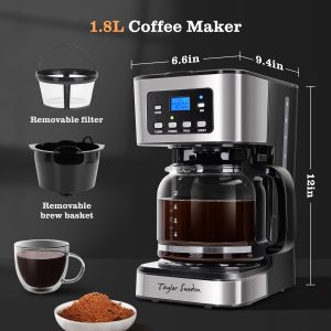 Taylor Swoden 12-Cup Programmable Coffee Maker, Black & Stainless Steel Regular & Strong Brew Drip Coffee Machine for Home and Office, 24H Timer, Glass Carafe, Pause & Serve, Auto Shut Off - Image 2