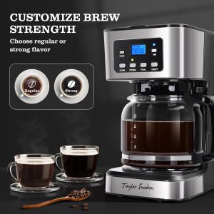 Taylor Swoden 12-Cup Programmable Coffee Maker, Black & Stainless Steel Regular & Strong Brew Drip Coffee Machine for Home and Office, 24H Timer, Glass Carafe, Pause & Serve, Auto Shut Off - Image 3