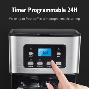 Taylor Swoden 12-Cup Programmable Coffee Maker, Black & Stainless Steel Regular & Strong Brew Drip Coffee Machine for Home and Office, 24H Timer, Glass Carafe, Pause & Serve, Auto Shut Off - Image 4
