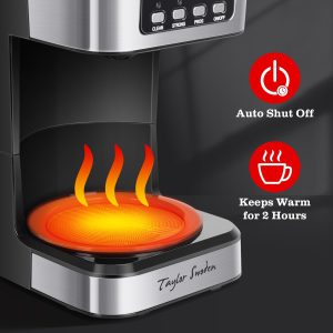 Taylor Swoden 12-Cup Programmable Coffee Maker, Black & Stainless Steel Regular & Strong Brew Drip Coffee Machine for Home and Office, 24H Timer, Glass Carafe, Pause & Serve, Auto Shut Off - Image 5