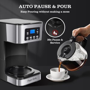 Taylor Swoden 12-Cup Programmable Coffee Maker, Black & Stainless Steel Regular & Strong Brew Drip Coffee Machine for Home and Office, 24H Timer, Glass Carafe, Pause & Serve, Auto Shut Off - Image 6
