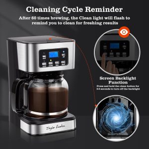 Taylor Swoden 12-Cup Programmable Coffee Maker, Black & Stainless Steel Regular & Strong Brew Drip Coffee Machine for Home and Office, 24H Timer, Glass Carafe, Pause & Serve, Auto Shut Off - Image 7