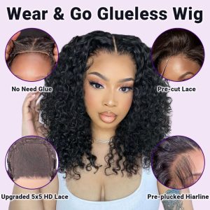 Curly Bob Wig Human Hair 5x5 Wear And Go Glueless Wigs Human Hair Pre Plucked Pre Cut Deep Wave Lace Front Closure Wigs For Black Women 200 Density Curly Wig Glueless Wear And Go Black 12 Inch - Image 4