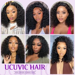 Curly Bob Wig Human Hair 5x5 Wear And Go Glueless Wigs Human Hair Pre Plucked Pre Cut Deep Wave Lace Front Closure Wigs For Black Women 200 Density Curly Wig Glueless Wear And Go Black 12 Inch - Image 7