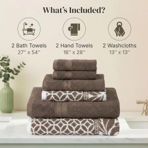 Modern Threads 6 Piece Bath Towel Set – Bathroom Set with 2 Bath Towels, 2 Hand Towels, and 2 Wash Cloths – 100% Cotton, Super Absorbent & Extra Soft – Reversible Botanical Vine (Taupe Brown) - Image 3