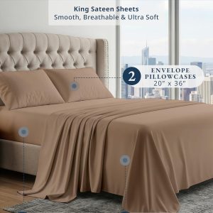LANE LINEN King Size Sheets 100% Egyptian Cotton Sateen - Taupe King Sheet Set - 4-Piece Set, For A Luxurious Night's Sleep, For A Silky Hotel-Style Bed, Buttery-Soft Silky Sateen - Image 2