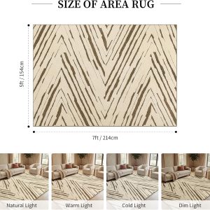 5x7 Area Rug for Living Room, Washable Cream Brown Bedroom Rug Washable Modern Minimalist Rug for Bedroom, Living Room, and Office with Abstract Stripes and Non-Slip Backing - Image 2