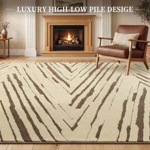 5x7 Area Rug for Living Room, Washable Cream Brown Bedroom Rug Washable Modern Minimalist Rug for Bedroom, Living Room, and Office with Abstract Stripes and Non-Slip Backing - Image 3