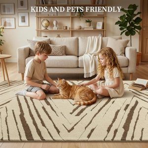 5x7 Area Rug for Living Room, Washable Cream Brown Bedroom Rug Washable Modern Minimalist Rug for Bedroom, Living Room, and Office with Abstract Stripes and Non-Slip Backing - Image 6