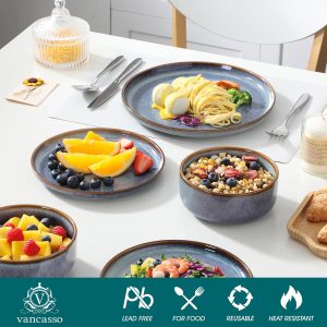 vancasso PLAYA Plates and Bowls Sets, 12 Pieces Grey-Blue Dinnerware Sets for Kitchen, Reactive Glaze Dishes Set for 4, Dishwasher and Microwave Safe - Image 3