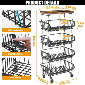 Gsiekare 5 Tier Fruit and Vegetable Basket for Kitchen with Wheels Stackable Fruit Vegetable Storage Baskets with Wood Top, Metal Wire Storage Cart for Kitchen, Pantry - Image 2