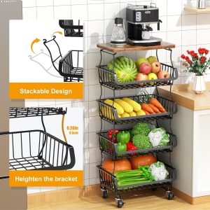 Gsiekare 5 Tier Fruit and Vegetable Basket for Kitchen with Wheels Stackable Fruit Vegetable Storage Baskets with Wood Top, Metal Wire Storage Cart for Kitchen, Pantry - Image 3