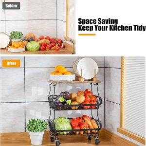 Gsiekare 5 Tier Fruit and Vegetable Basket for Kitchen with Wheels Stackable Fruit Vegetable Storage Baskets with Wood Top, Metal Wire Storage Cart for Kitchen, Pantry - Image 4