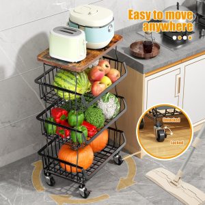 Gsiekare 5 Tier Fruit and Vegetable Basket for Kitchen with Wheels Stackable Fruit Vegetable Storage Baskets with Wood Top, Metal Wire Storage Cart for Kitchen, Pantry - Image 5
