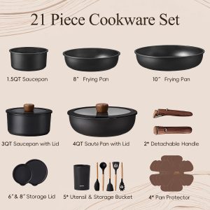 CAROTE 21pcs Pots and Pans Set Non Stick, Detachable Handle Cookware, Black Induction Compatible, Dishwasher & Oven Safe, Kitchen Organization, Cooking Set for Camping/RV/Traveling, House Warming Gift - Image 2